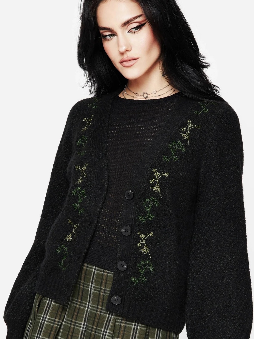 Disturbia Dawsonia NWT Embroidered Floral V-Neck Cardigan Sweater Dark Green